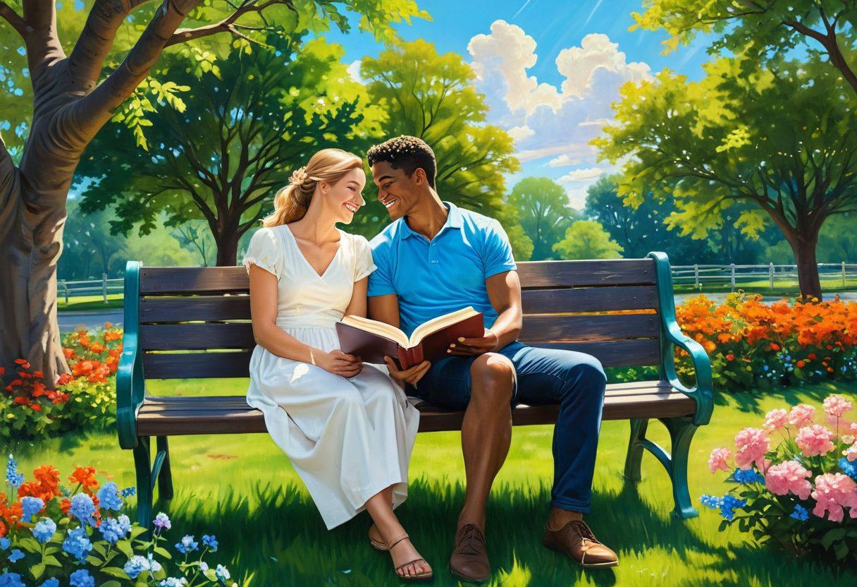 A couple sitting on a sunlit park bench, sharing a heartfelt laugh over a book, surrounded by blooming flowers and soft sunlight filtering through the leaves. Heart-shaped clouds float in the azure sky, symbolizing their connection. In the background, other couples are engaged in joyful activities, showcasing shared experiences. The scene radiates warmth and affection, inviting the viewer to feel the love story. vibrant colors. romantic painting.