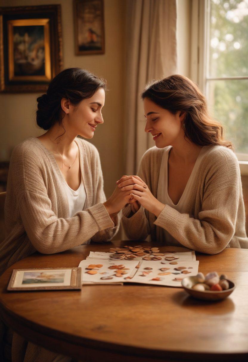 A warm and inviting scene depicting two individuals sharing a heartfelt moment in a cozy setting, surrounded by soft lighting and personal mementos symbolizing connection. The background features elements like intertwined hands, a heart-shaped symbol, and gentle colors that evoke intimacy and comfort. Focus on their expressions of trust and warmth. super-realistic. soft colors. cozy atmosphere.